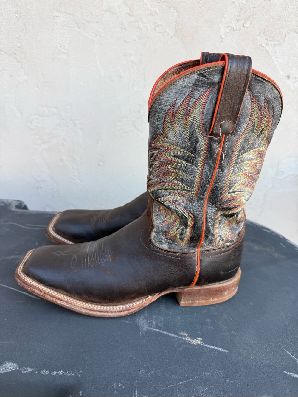 Men's Justin Leather Western Cowboy Boots with Multicolor Embroidered Shaft